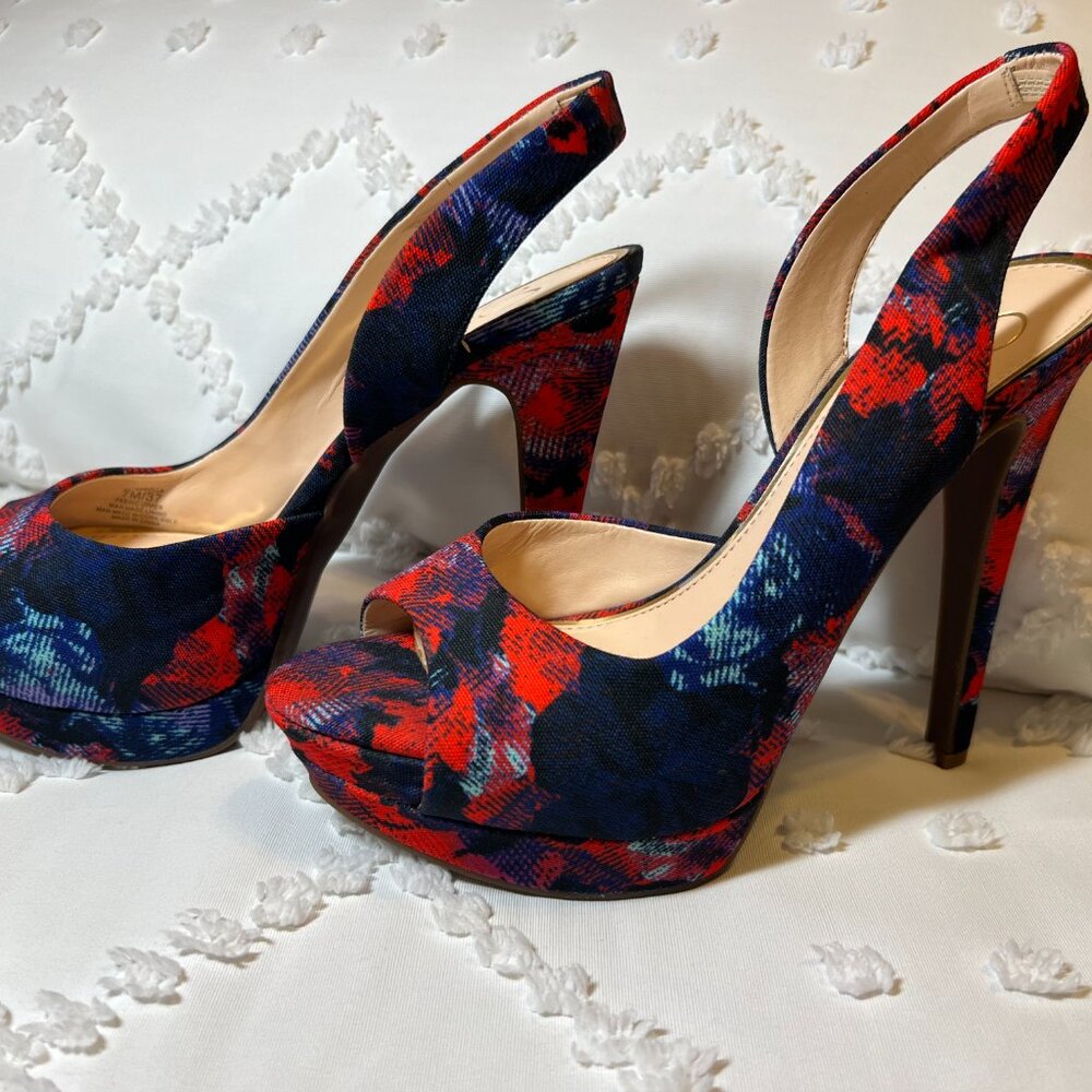 Jessica Simpson "Sabella" Sling Back Red & Blue Floral Platform Pump SIZE 7M/37 - Picture 4 of 10